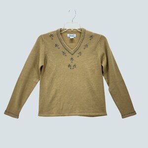 Beaded Tan V-Neck Sweater By Haband Womens Small 100% Acrylic Long Sleeve
